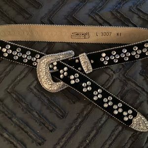 BB Simon black cowhide rhinestone leather belt. About 27-30”.